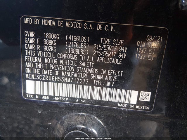 2022 Honda Hr-v Awd Ex მანქანა იყიდება აუქციონზე, vin: 3CZRU6H53NM717277, აუქციონის ნომერი: 46287602