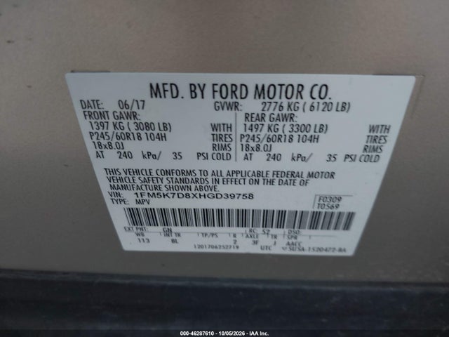 Auction sale of the 2017 Ford Explorer Xlt, vin: 1FM5K7D8XHGD39758, lot number: 46287610