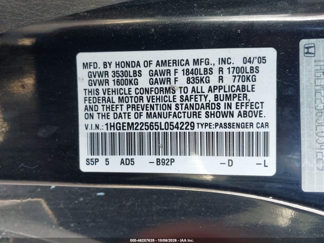 Продаж на аукціоні авто 2005 Honda Civic Lx, vin: 1HGEM22565L054229, номер лоту: 46287639