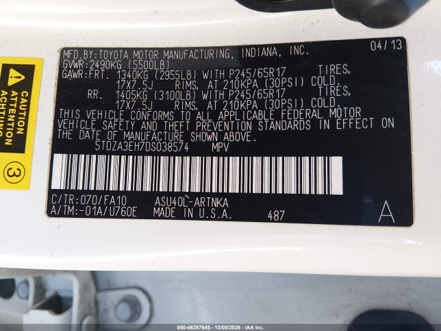 Продажа на аукционе авто 2013 Toyota Highlander Base Plus, vin: 5TDZA3EH7DS038574, номер лота: 46287645