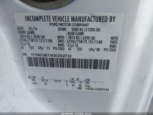 46287648 :رقم المزاد ، 1FD8X3BT4GED02732 vin ، 2016 Ford F-350 Xl مزاد بيع