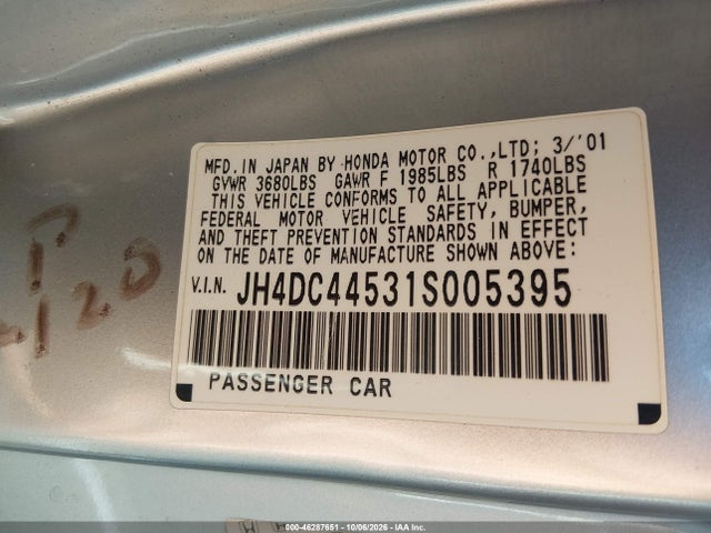 2001 Acura Integra Ls მანქანა იყიდება აუქციონზე, vin: JH4DC44531S005395, აუქციონის ნომერი: 46287651