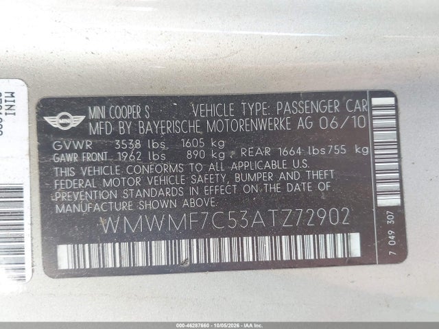 46287660 :رقم المزاد ، WMWMF7C53ATZ72902 vin ، 2010 Mini Cooper S مزاد بيع
