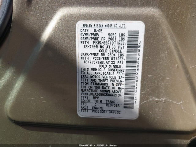 46287661 :رقم المزاد ، JN8AZ08WX5W442134 vin ، 2005 Nissan Murano Se مزاد بيع