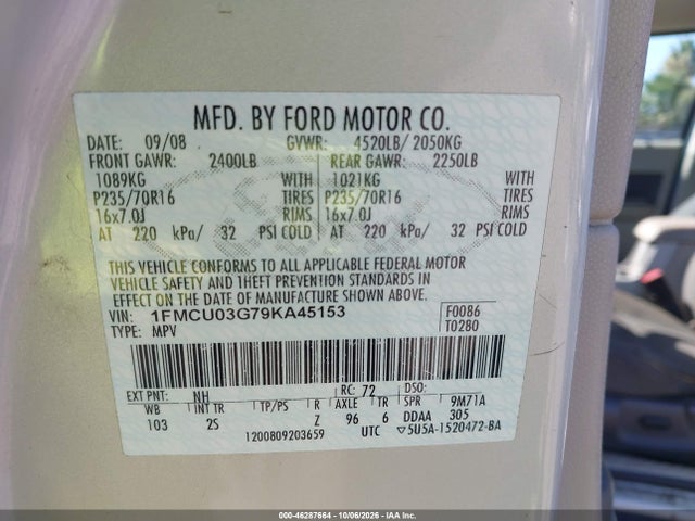 46287664 :رقم المزاد ، 1FMCU03G79KA45153 vin ، 2009 Ford Escape Xlt مزاد بيع