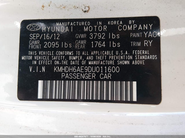 46287677 :رقم المزاد ، KMHDH6AE9DU011600 vin ، 2013 Hyundai Elantra Gs مزاد بيع