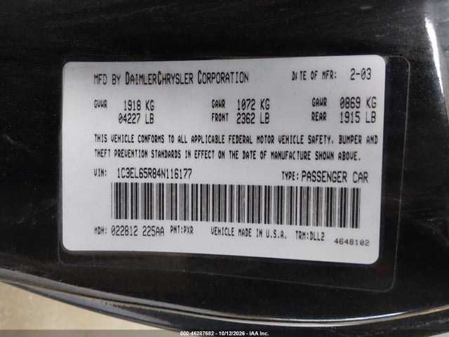 2004 Chrysler Sebring Limited მანქანა იყიდება აუქციონზე, vin: 1C3EL65R84N116177, აუქციონის ნომერი: 46287682