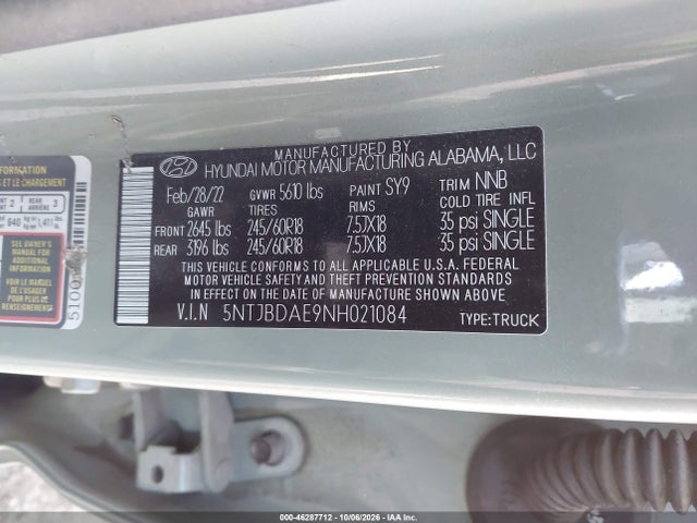 Aukcja sprzedaży 2022 Hyundai Santa Cruz Sel, vin: 5NTJBDAE9NH021084, numer aukcji: 46287712