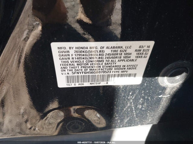 Aukcja sprzedaży 2016 Honda Pilot Ex-l, vin: 5FNYF6H56GB070523, numer aukcji: 46287731