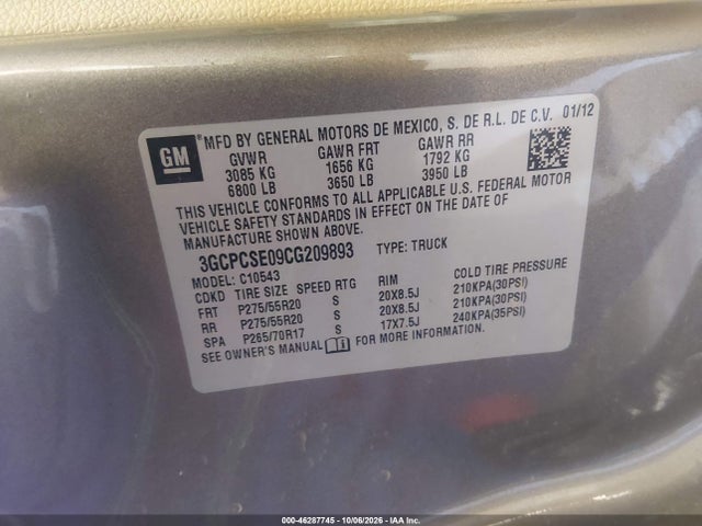 Aukcja sprzedaży 2012 Chevrolet Silverado 1500 Lt, vin: 3GCPCSE09CG209893, numer aukcji: 46287745