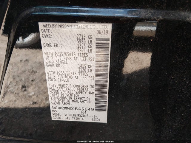 2019 Nissan Pathfinder S მანქანა იყიდება აუქციონზე, vin: 5N1DR2MM4KC645649, აუქციონის ნომერი: 46287749