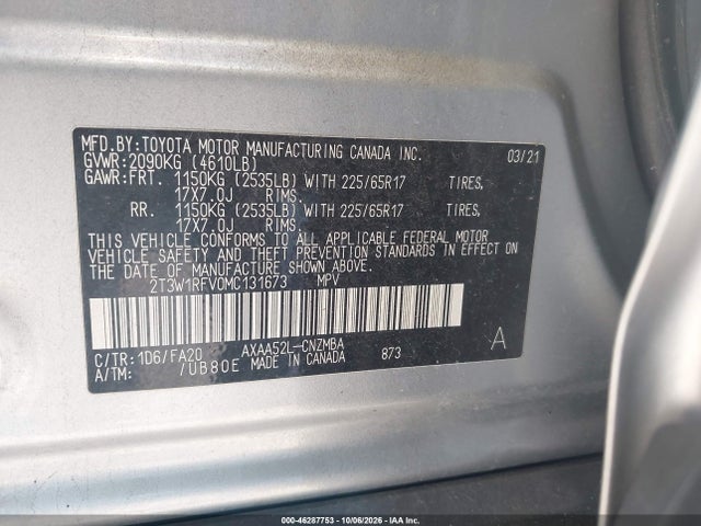 46287753 :رقم المزاد ، 2T3W1RFV0MC131673 vin ، 2021 Toyota Rav4 Xle مزاد بيع