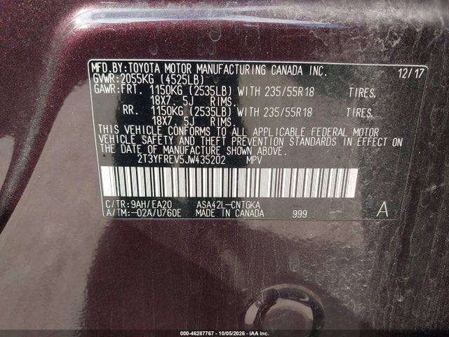 46287767 :رقم المزاد ، 2T3YFREV5JW435202 vin ، 2018 Toyota Rav4 Limited مزاد بيع