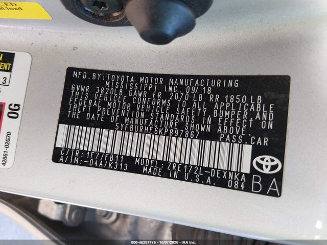46287776 :رقم المزاد ، 5YFBURHE6KP897867 vin ، 2019 Toyota Corolla Le مزاد بيع