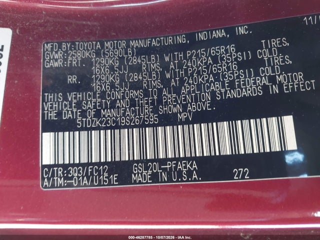 Продажа на аукционе авто 2009 Toyota Sienna Le, vin: 5TDZK23C19S267595, номер лота: 46287785