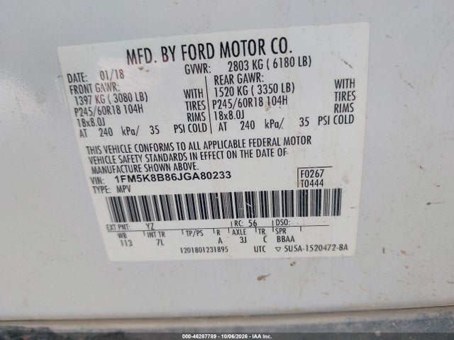 2018 Ford Explorer მანქანა იყიდება აუქციონზე, vin: 1FM5K8B86JGA80233, აუქციონის ნომერი: 46287789