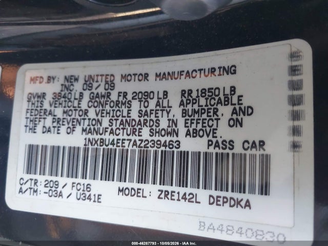Aukcja sprzedaży 2010 Toyota Corolla Le, vin: 1NXBU4EE7AZ239463, numer aukcji: 46287793