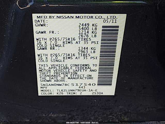 2011 Nissan Xterra Pro-4x მანქანა იყიდება აუქციონზე, vin: 5N1AN0NW7BC517540, აუქციონის ნომერი: 46287799