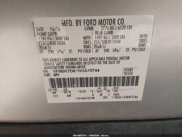 46287813 :رقم المزاد ، 1FM5K7D81HGA15744 vin ، 2017 Ford Explorer Xlt مزاد بيع
