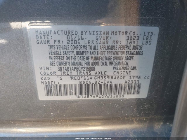 Aukcja sprzedaży 2016 Nissan Sentra Fe+ S/s/sl/sr/sv, vin: 3N1AB7AP6GY215808, numer aukcji: 46287814