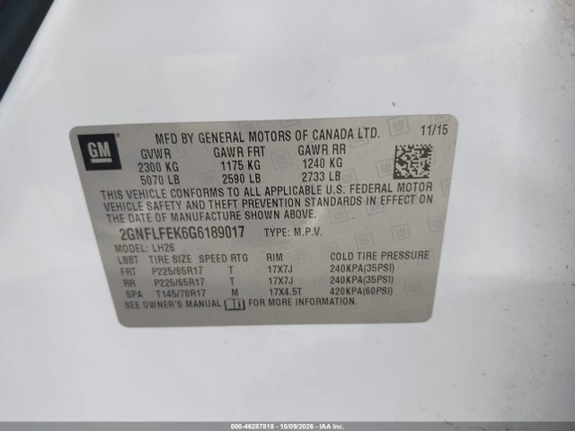 Aukcja sprzedaży 2016 Chevrolet Equinox Lt, vin: 2GNFLFEK6G6189017, numer aukcji: 46287818