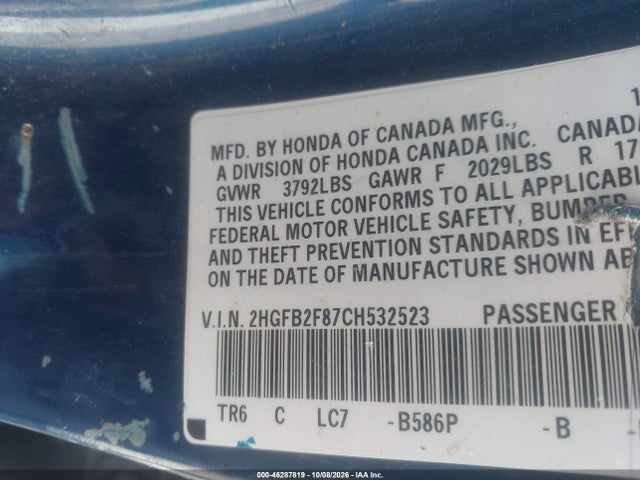 46287819 :رقم المزاد ، 2HGFB2F87CH532523 vin ، 2012 Honda Civic Ex مزاد بيع