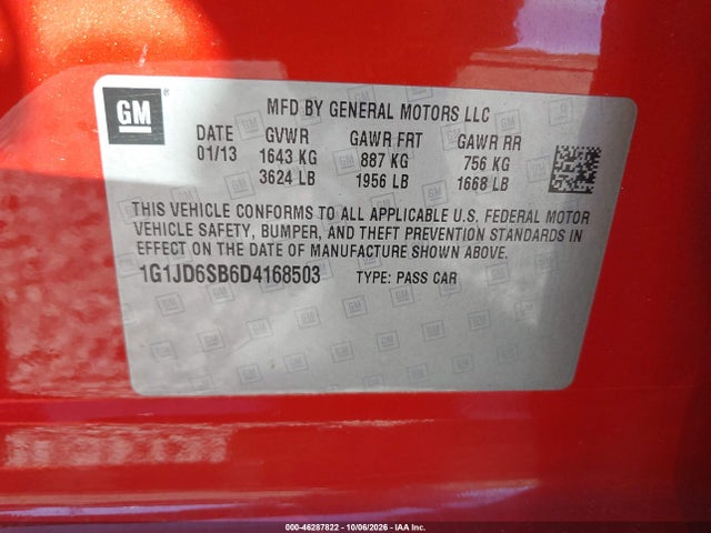 46287822 :رقم المزاد ، 1G1JD6SB6D4168503 vin ، 2013 Chevrolet Sonic Lt Manual مزاد بيع