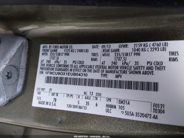 2014 Ford Escape Se მანქანა იყიდება აუქციონზე, vin: 1FMCU9GX1EUB04310, აუქციონის ნომერი: 46287826