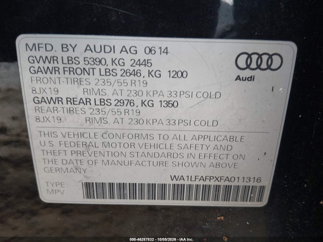 2015 Audi Q5 2.0t Premium მანქანა იყიდება აუქციონზე, vin: WA1LFAFPXFA011316, აუქციონის ნომერი: 46287832