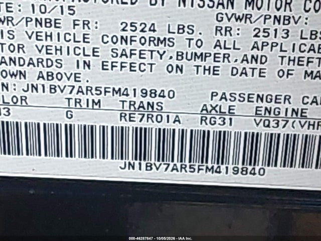 46287847 :رقم المزاد ، JN1BV7AR5FM419840 vin ، 2015 Infiniti Q50 Premium مزاد بيع