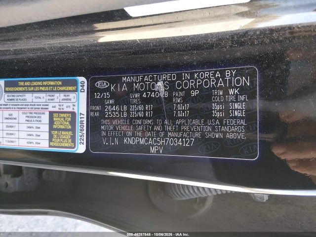 2017 Kia Sportage Lx მანქანა იყიდება აუქციონზე, vin: KNDPMCAC5H7034127, აუქციონის ნომერი: 46287848