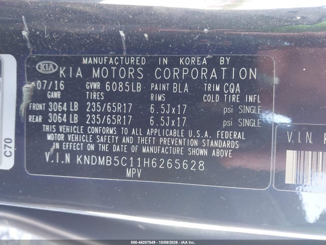 2017 Kia Sedona Lx მანქანა იყიდება აუქციონზე, vin: KNDMB5C11H6265628, აუქციონის ნომერი: 46287849