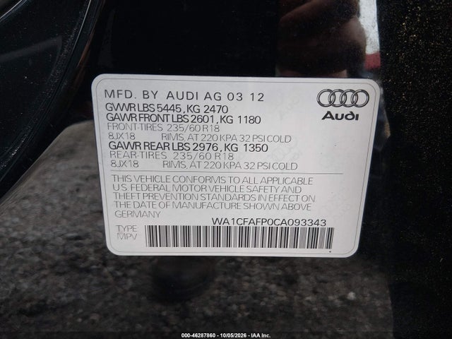 Продаж на аукціоні авто 2012 Audi Q5 2.0t Premium, vin: WA1CFAFP0CA093343, номер лоту: 46287860