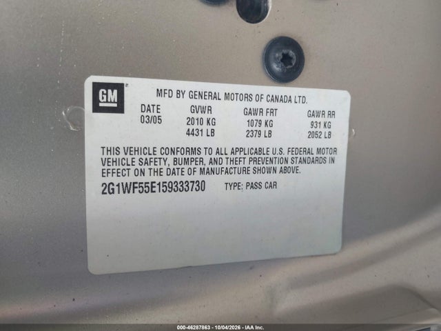 Продаж на аукціоні авто 2005 Chevrolet Impala, vin: 2G1WF55E159333730, номер лоту: 46287863