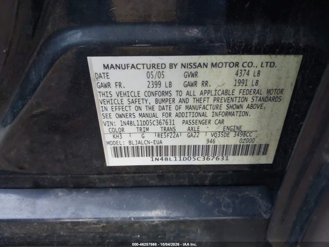 Auction sale of the 2005 Nissan Altima 3.5 Se, vin: 1N4BL11D05C367631, lot number: 46287868