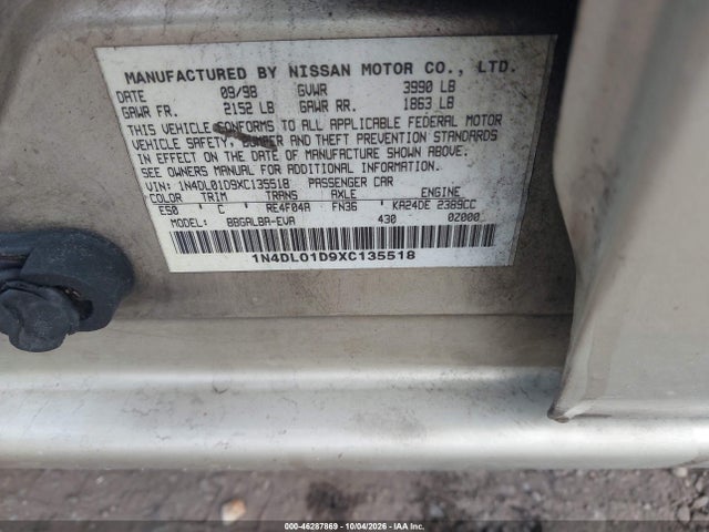 Продажа на аукционе авто 1999 Nissan Altima Gle/gxe/se/se-l/xe, vin: 1N4DL01D9XC135518, номер лота: 46287869