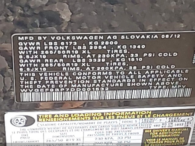 46287889 :رقم المزاد ، WVGEF9BP7DD001532 vin ، 2013 Volkswagen Touareg Vr6 Lux مزاد بيع