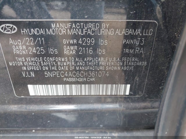 Aukcja sprzedaży 2012 Hyundai Sonata Limited, vin: 5NPEC4AC6CH361074, numer aukcji: 46287894