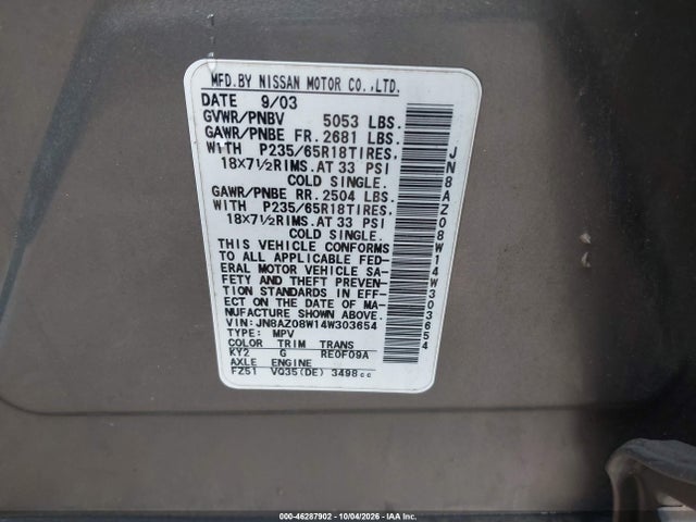 Продажа на аукционе авто 2004 Nissan Murano Sl, vin: JN8AZ08W14W303654, номер лота: 46287902