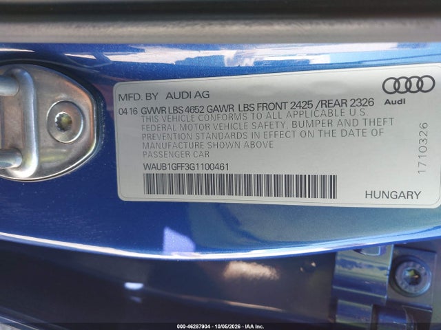 2016 Audi S3 2.0t Premium Plus მანქანა იყიდება აუქციონზე, vin: WAUB1GFF3G1100461, აუქციონის ნომერი: 46287904