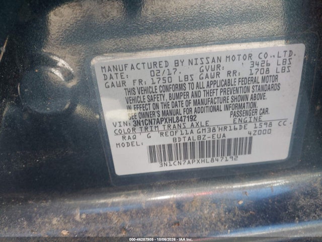 Продажа на аукционе авто 2017 Nissan Versa 1.6 Sv, vin: 3N1CN7APXHL847192, номер лота: 46287905