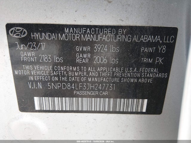 Продаж на аукціоні авто 2018 Hyundai Elantra Sel, vin: 5NPD84LF3JH247731, номер лоту: 46287910