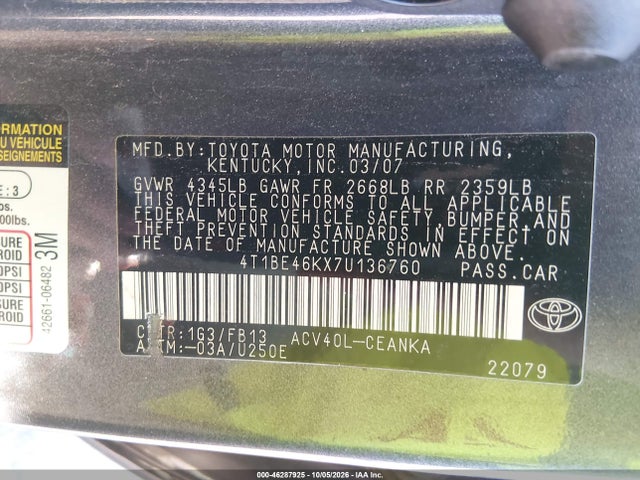 Продаж на аукціоні авто 2007 Toyota Camry Le, vin: 4T1BE46KX7U136760, номер лоту: 46287925