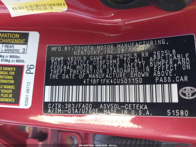 46287926 :رقم المزاد ، 4T1BF1FK4CU501150 vin ، 2012 Toyota Camry L مزاد بيع
