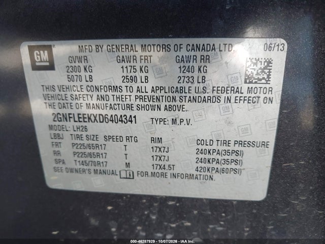 Aukcja sprzedaży 2013 Chevrolet Equinox 1lt, vin: 2GNFLEEKXD6404341, numer aukcji: 46287929
