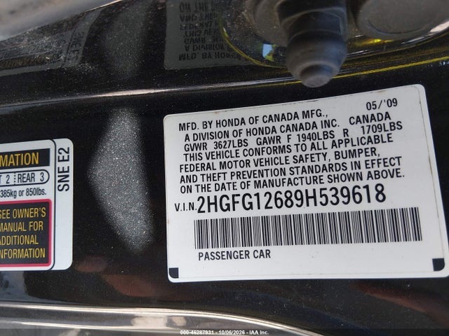 Aukcja sprzedaży 2009 Honda Civic Lx, vin: 2HGFG12689H539618, numer aukcji: 46287931