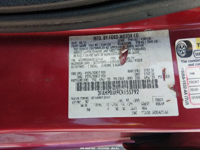 2012 Ford Fusion Sel მანქანა იყიდება აუქციონზე, vin: 3FAHP0JA9CR155792, აუქციონის ნომერი: 46287942