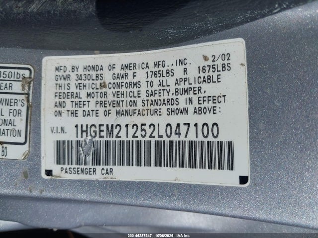 2002 Honda Civic Dx მანქანა იყიდება აუქციონზე, vin: 1HGEM21252L047100, აუქციონის ნომერი: 46287947
