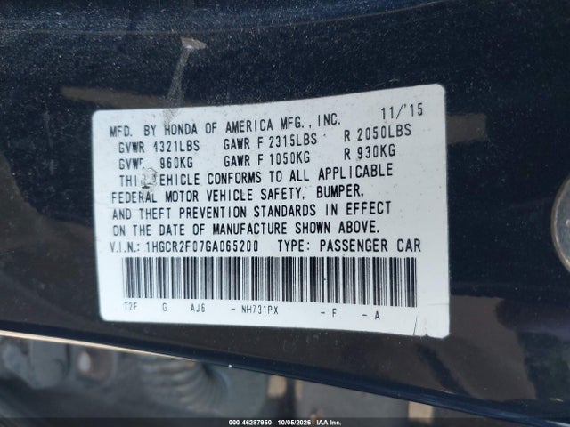Aukcja sprzedaży 2016 Honda Accord Ex, vin: 1HGCR2F07GA065200, numer aukcji: 46287950