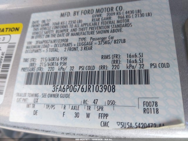 46287971 :رقم المزاد ، 3FA6P0G76JR103908 vin ، 2018 Ford Fusion S مزاد بيع